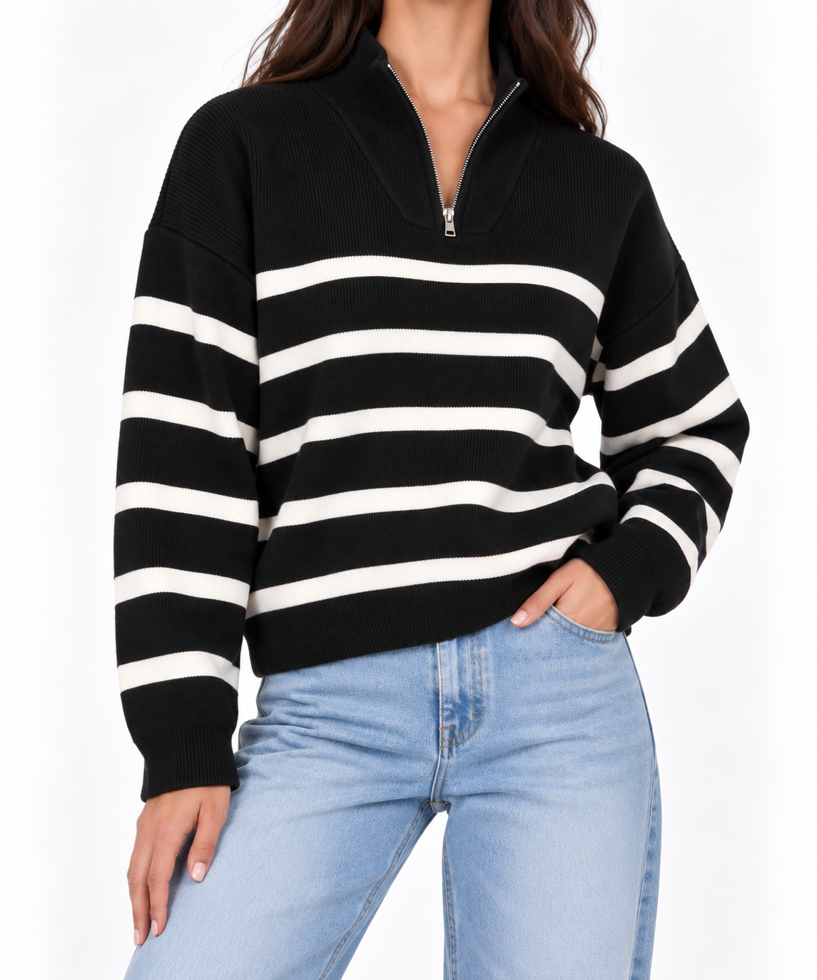 Striped half zipper sweater 13470